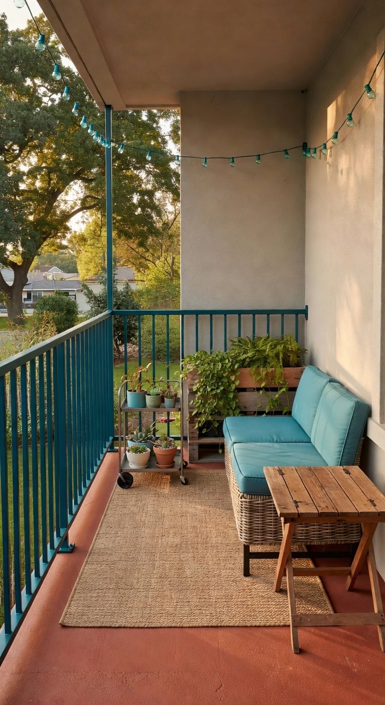 teal accented rattan storage bench