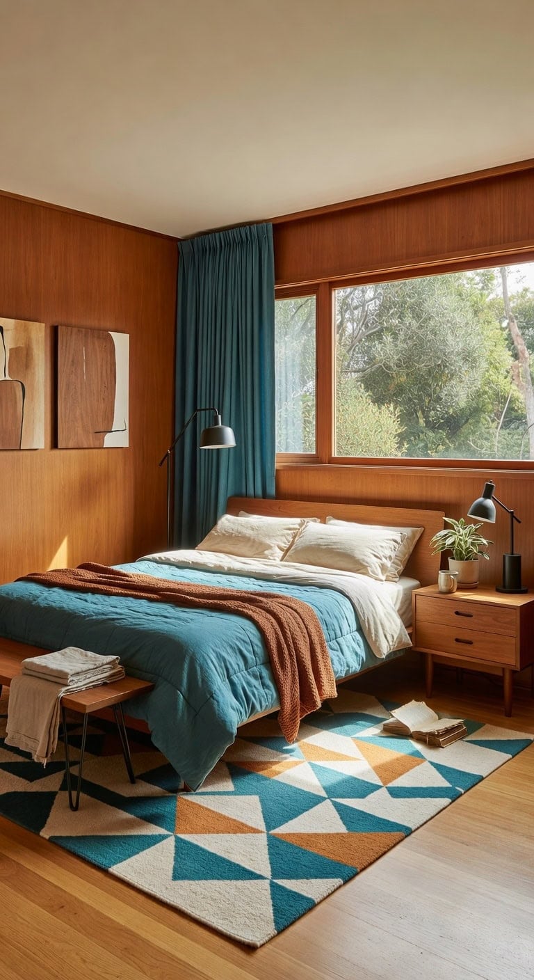 teal teak mid century bedroom