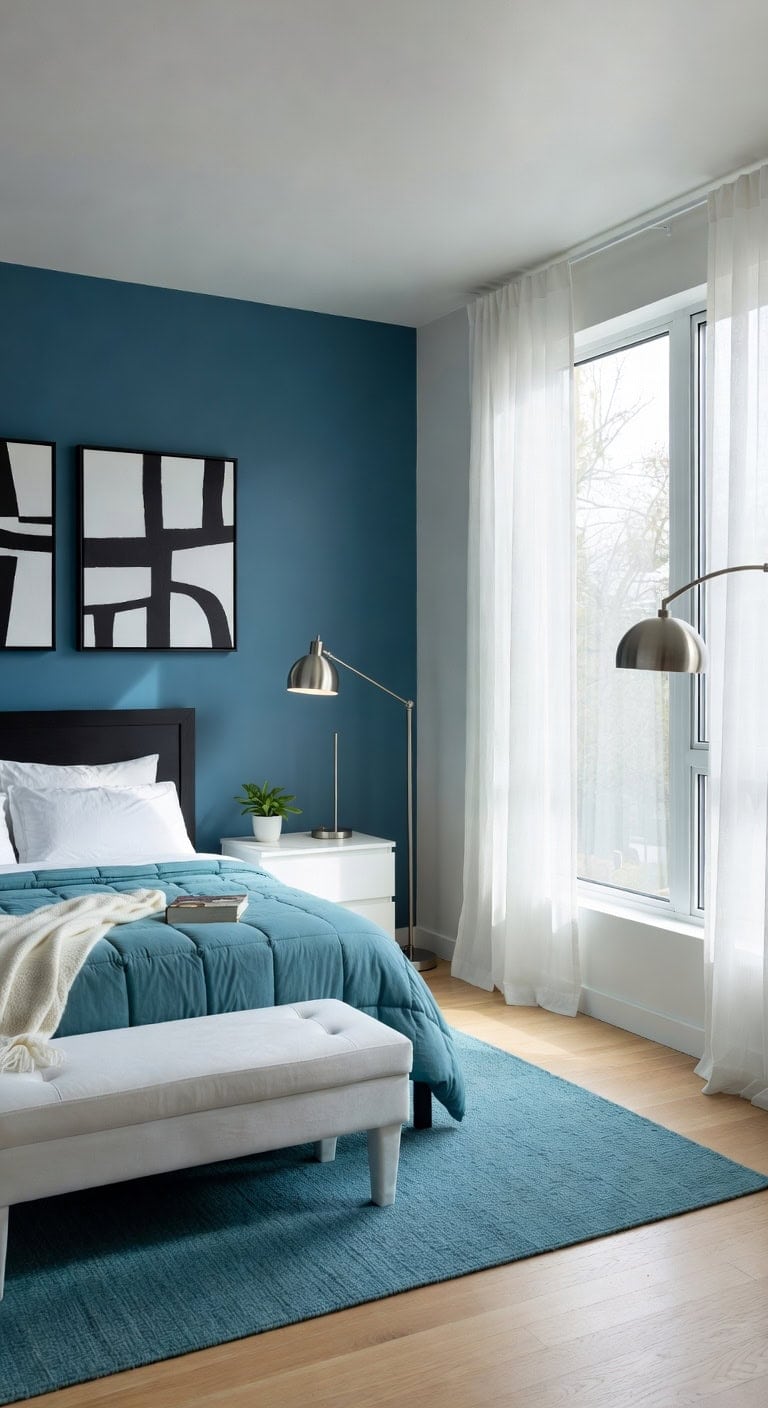teal white minimalist bedroom