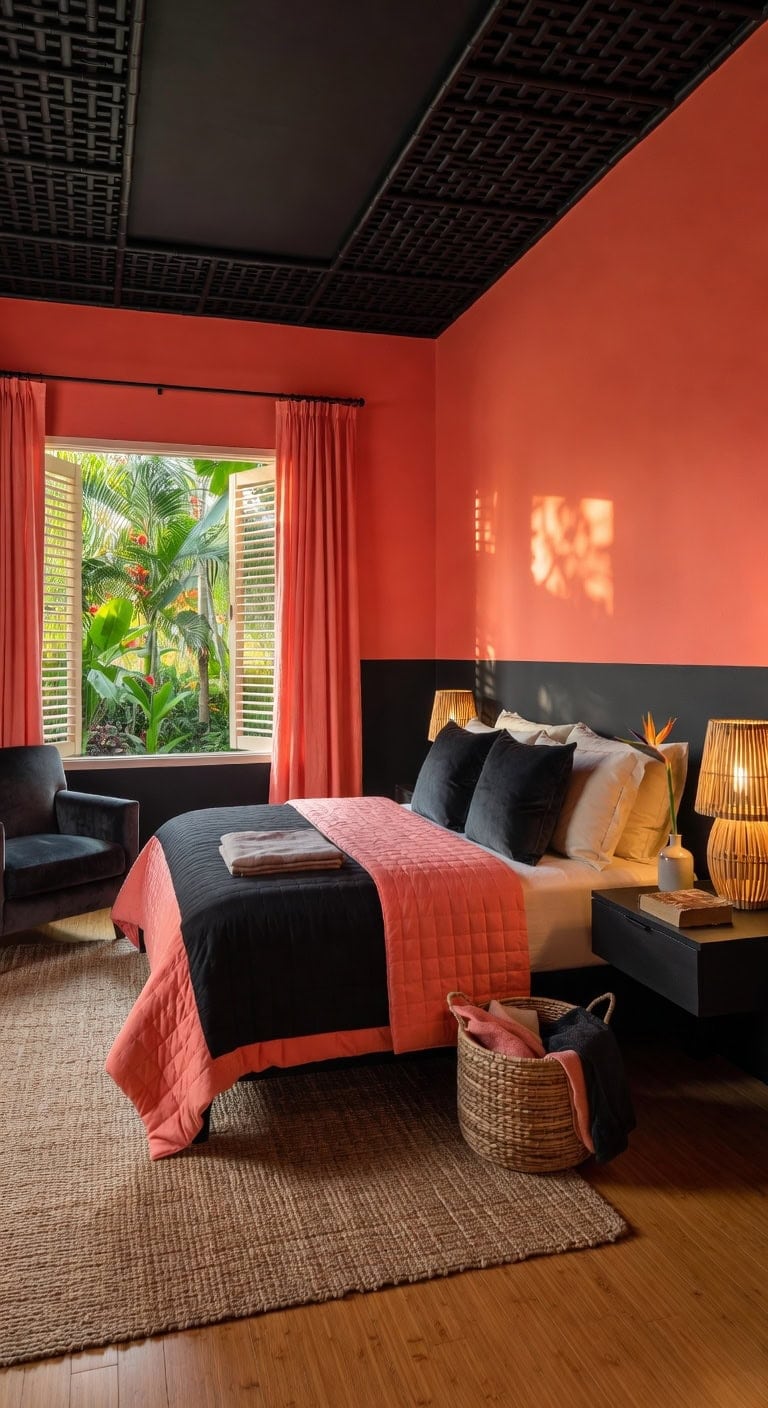tropical coral charcoal bedroom
