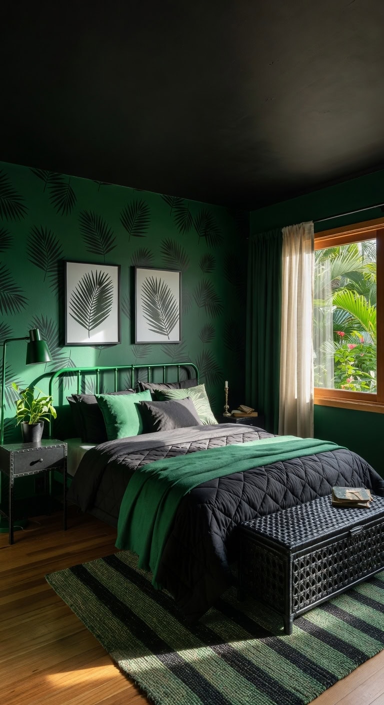 tropical green black bedroom