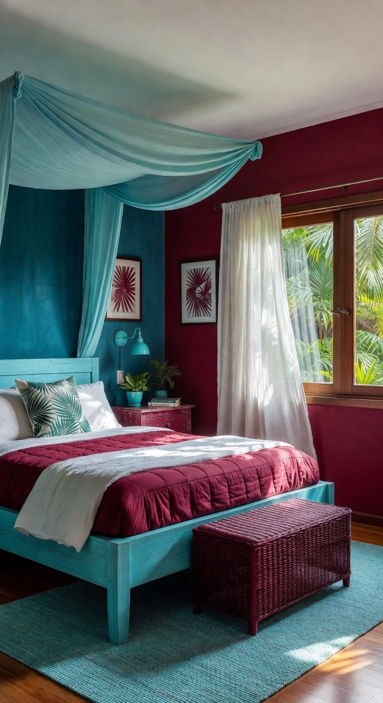 turquoise canopy burgundy prints