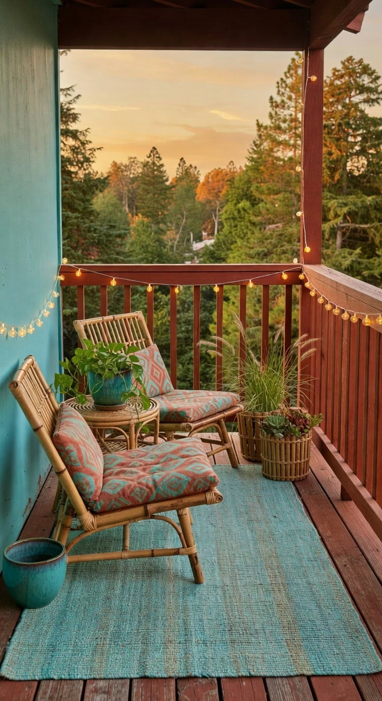 turquoise redwood bohemian balcony