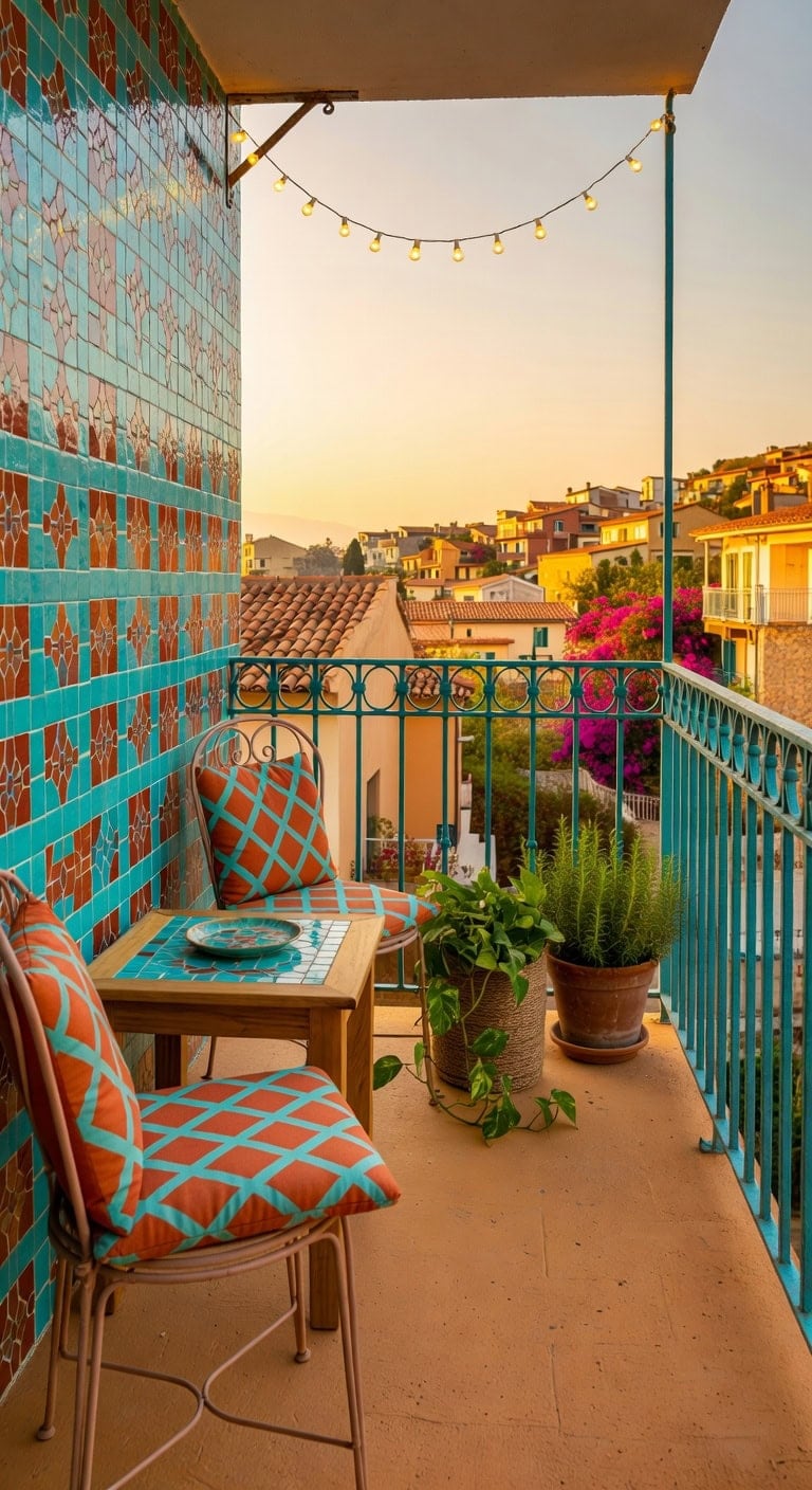 turquoise terracotta cozy balcony