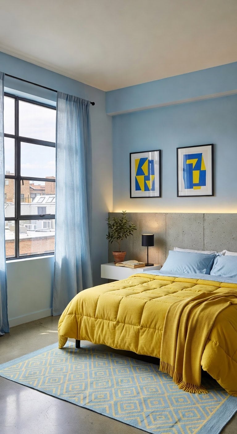 urban light blue yellow bedroom