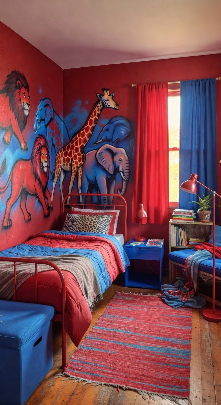 vibrant red blue kids bedroom