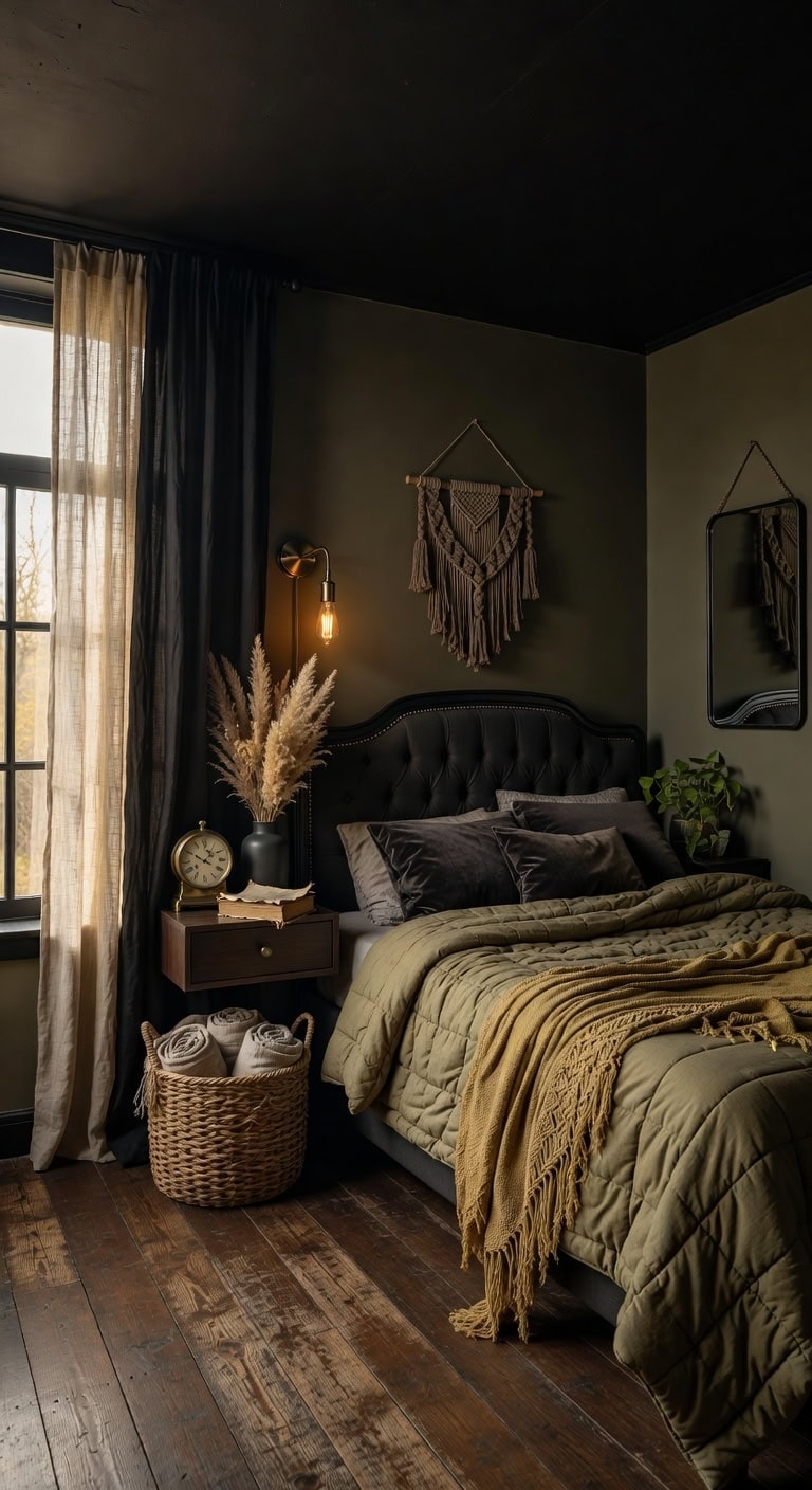 vintage black olive boho bedroom