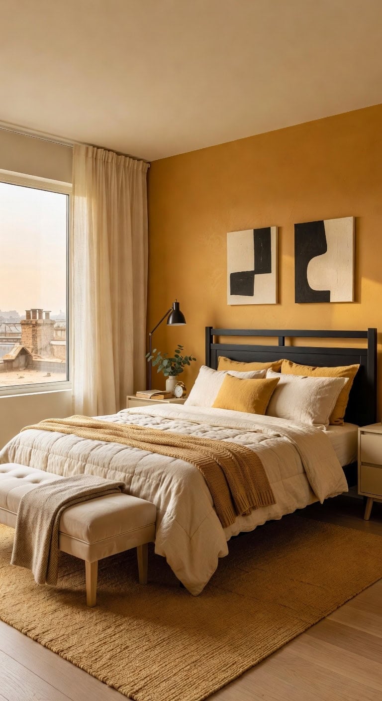 warm mustard minimalist bedroom