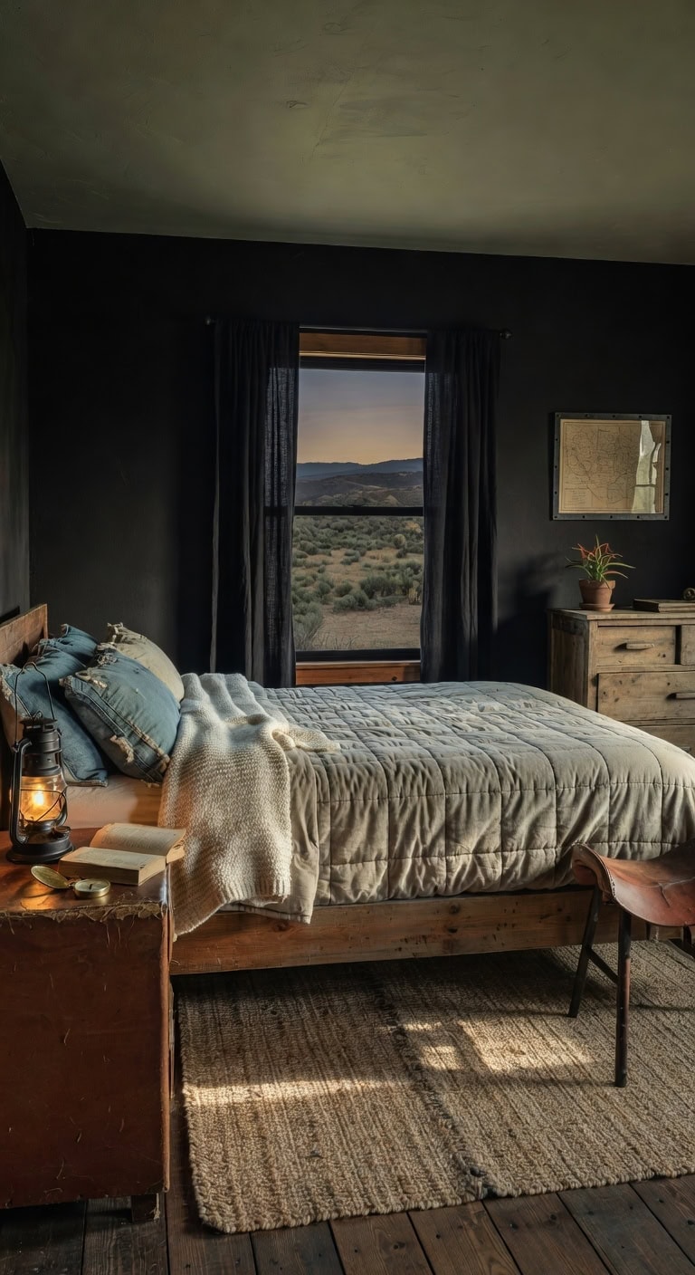 western inspired black sage bedroom