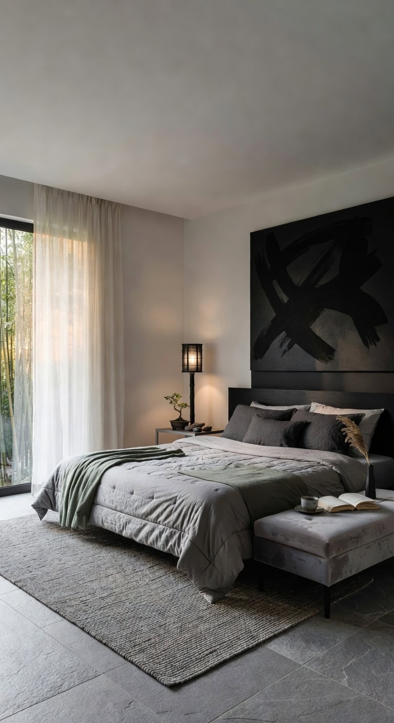 zen bedroom with stone