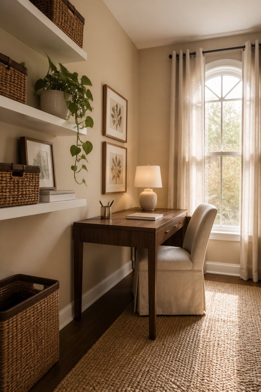 Cozy home office featuring a wooden desk, comfortable chair, and large window with flowing curtains, ideal for work or study.