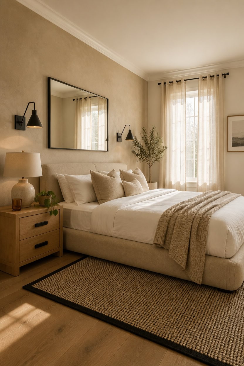 Bright and cozy bedroom with large windows, neutral decor, and modern furnishings.