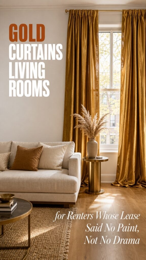 Gold Curtains Living Rooms for Renters Whose Lease Said No Paint, Not No Drama