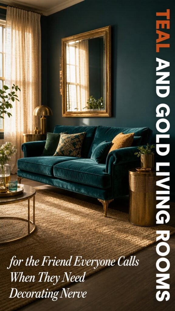 Teal and Gold Living Rooms for the Friend Everyone Calls When They Need Decorating Nerve