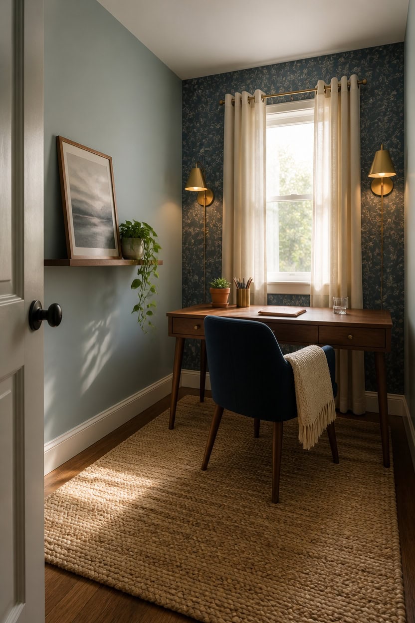 Bright home office with wooden desk, navy chair, and window with curtains.