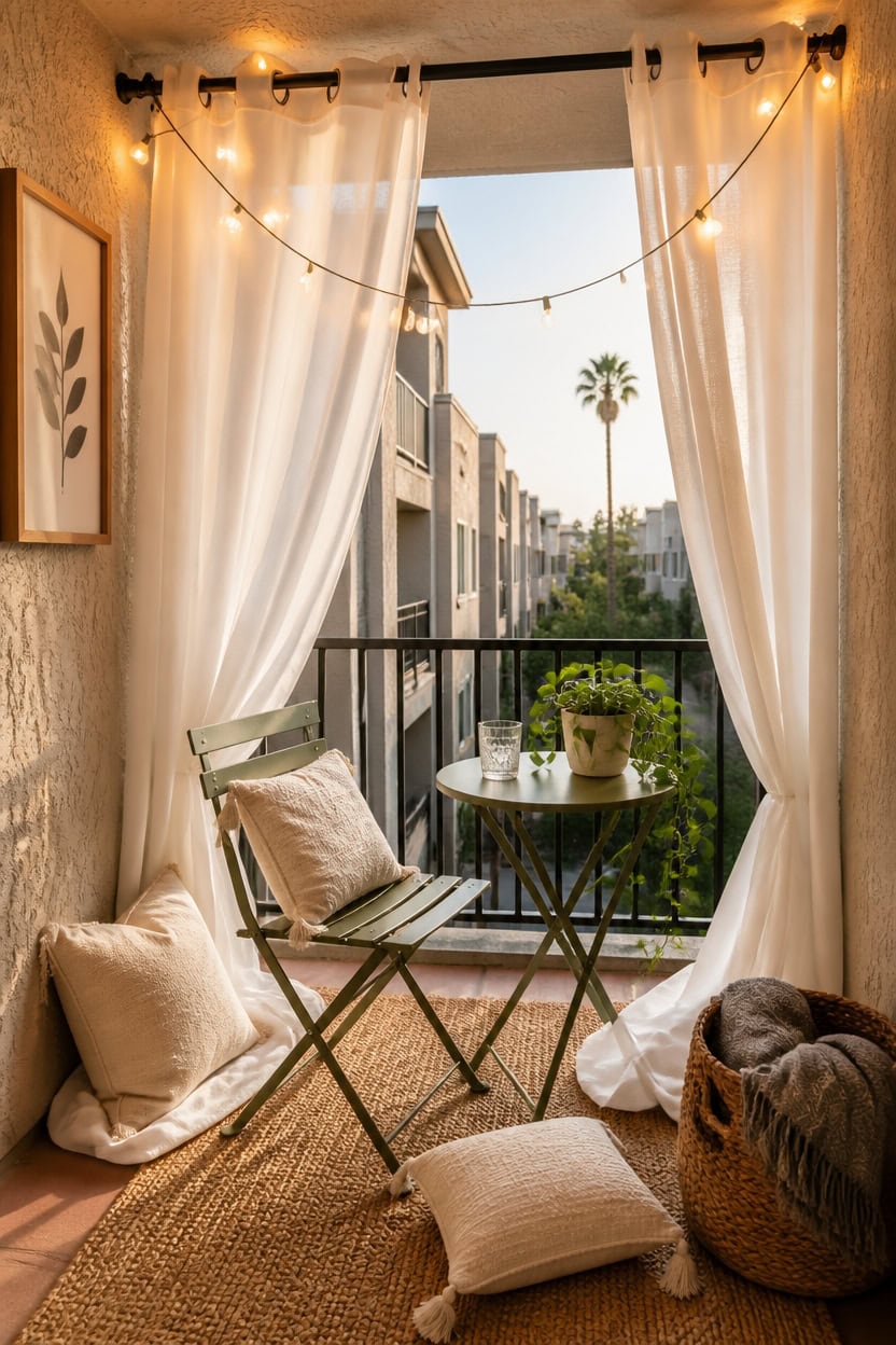 Balcony with string lights, curtains, and outdoor seating overlooking trees and palm trees. Perfect.