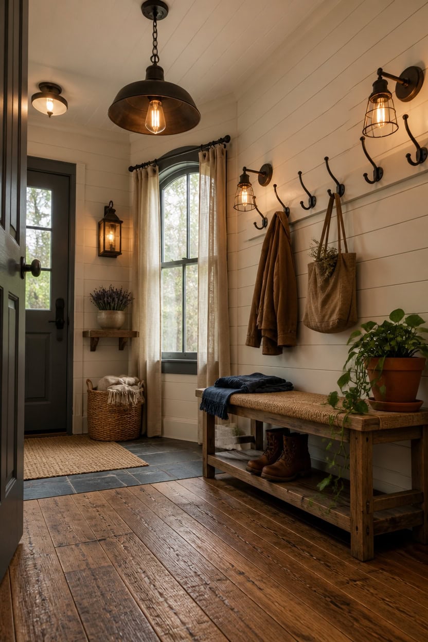 Entryway with rustic wooden bench, hooks, and warm lighting.