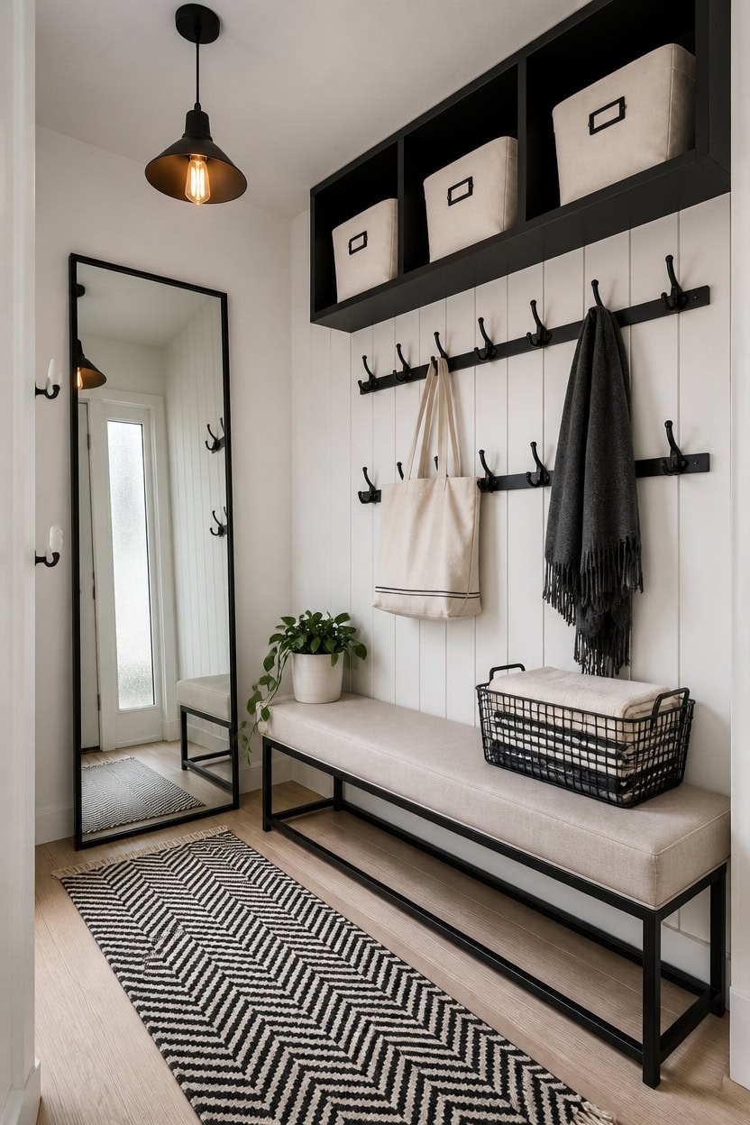 Entryway with hooks, storage bins, and bench in a contemporary apartment.