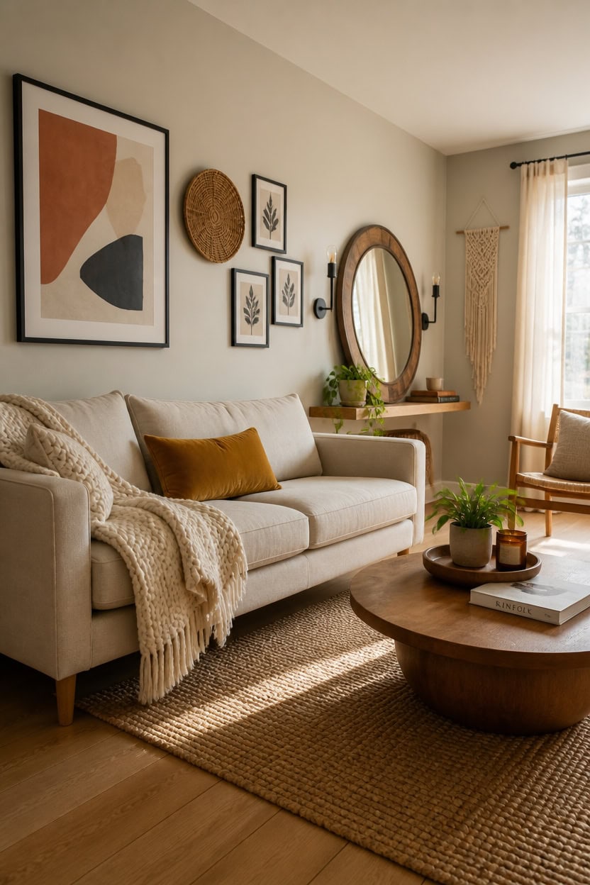 Bright living room with beige sofa, decorative pillows, and wall art.