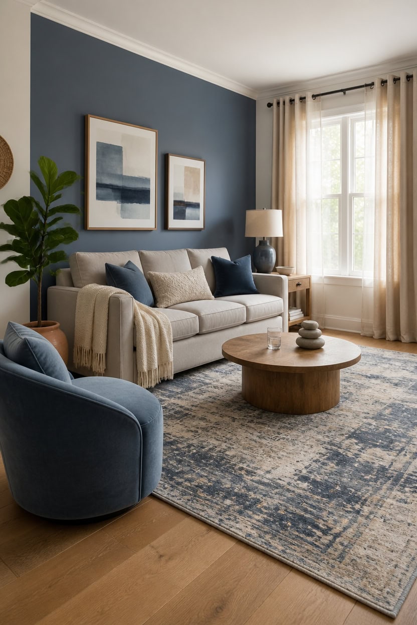 Bright living room with blue accent wall, beige sofa, and large window with curtains.