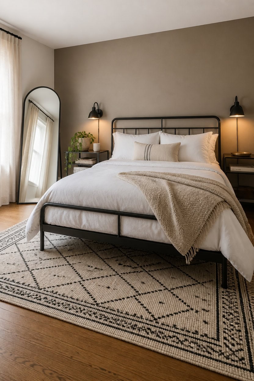 Modern bedroom with neutral tones, black metal bed frame, and stylish decor.
