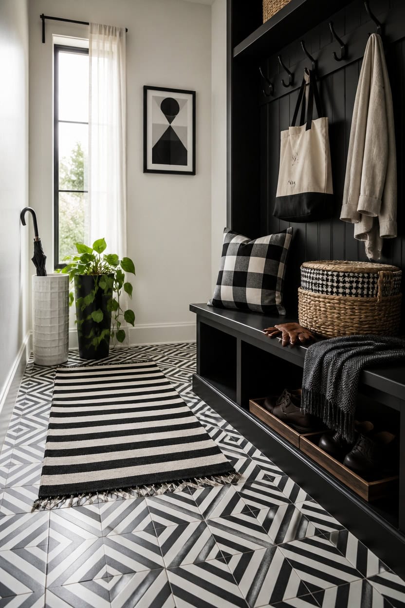 Stylish black and white entryway with bench, geometric floor tiles, and wall art.