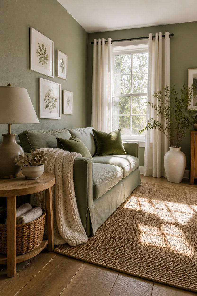 Bright living room with green sofa, natural light, and elegant decor.