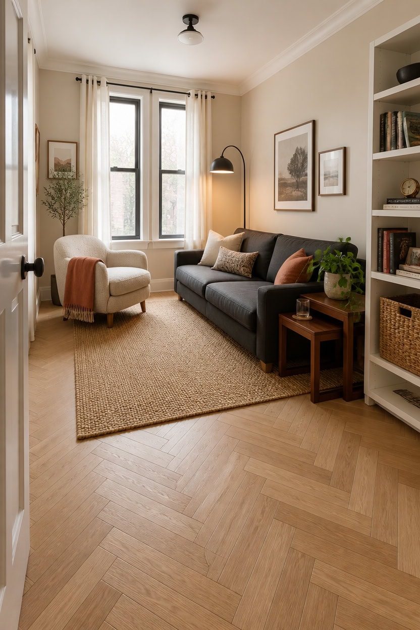 Bright living room with large windows, comfortable sofa, armchair, and stylish decor. Perfect for re.