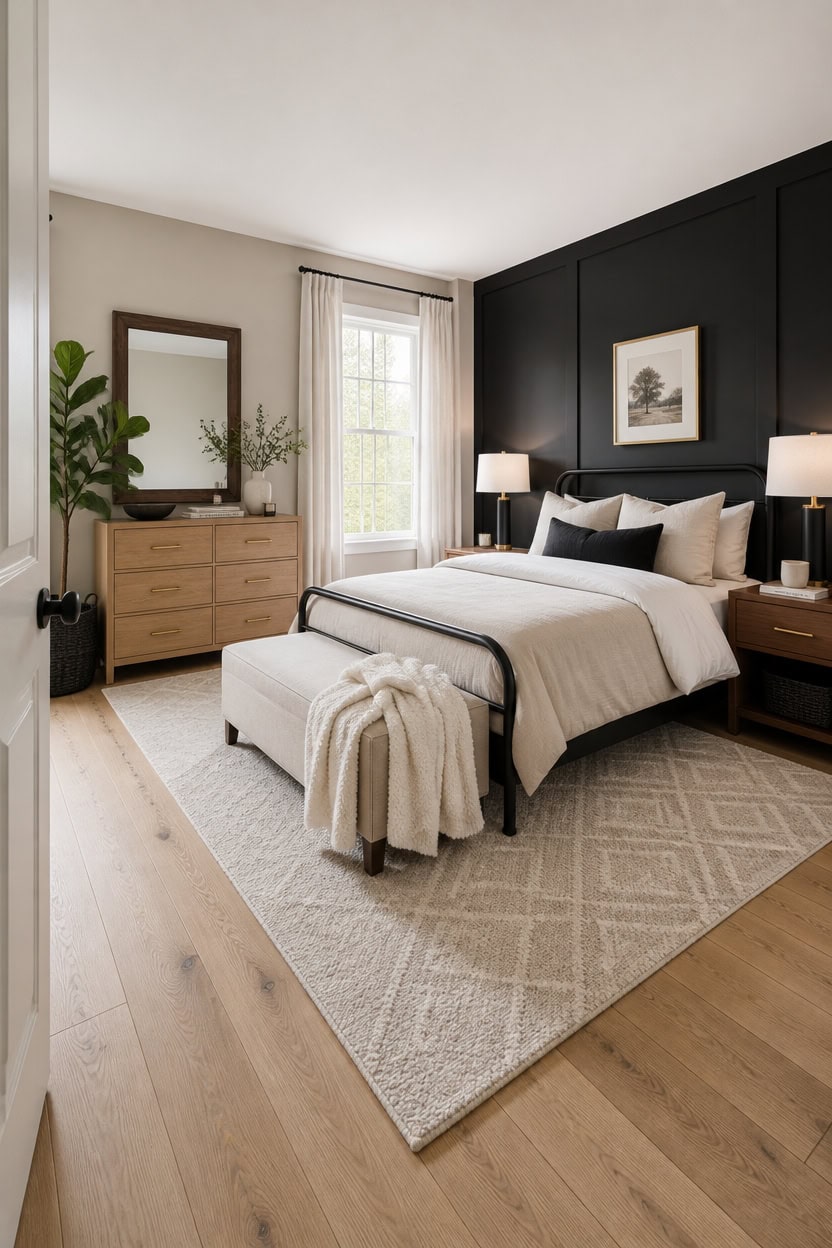 Cozy bedroom featuring a black accent wall, large window with white curtains, and stylish furniture.