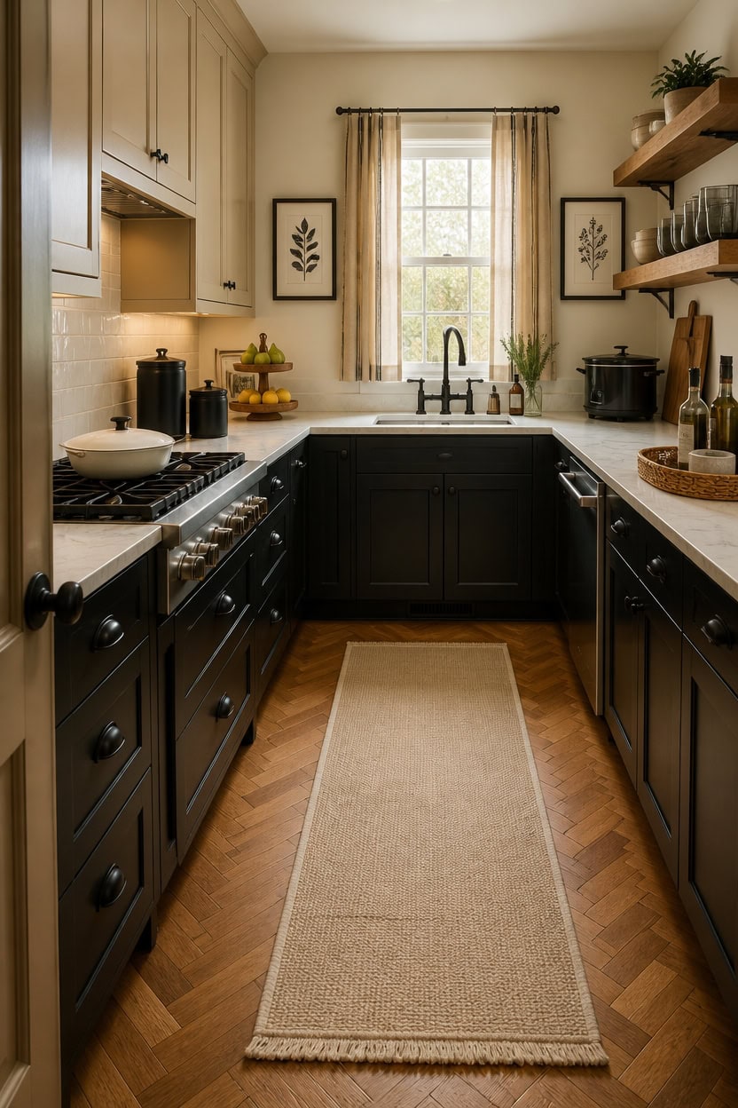 Bright kitchen with black lower cabinets, beige upper cabinets, and a large window. Features open sh.
