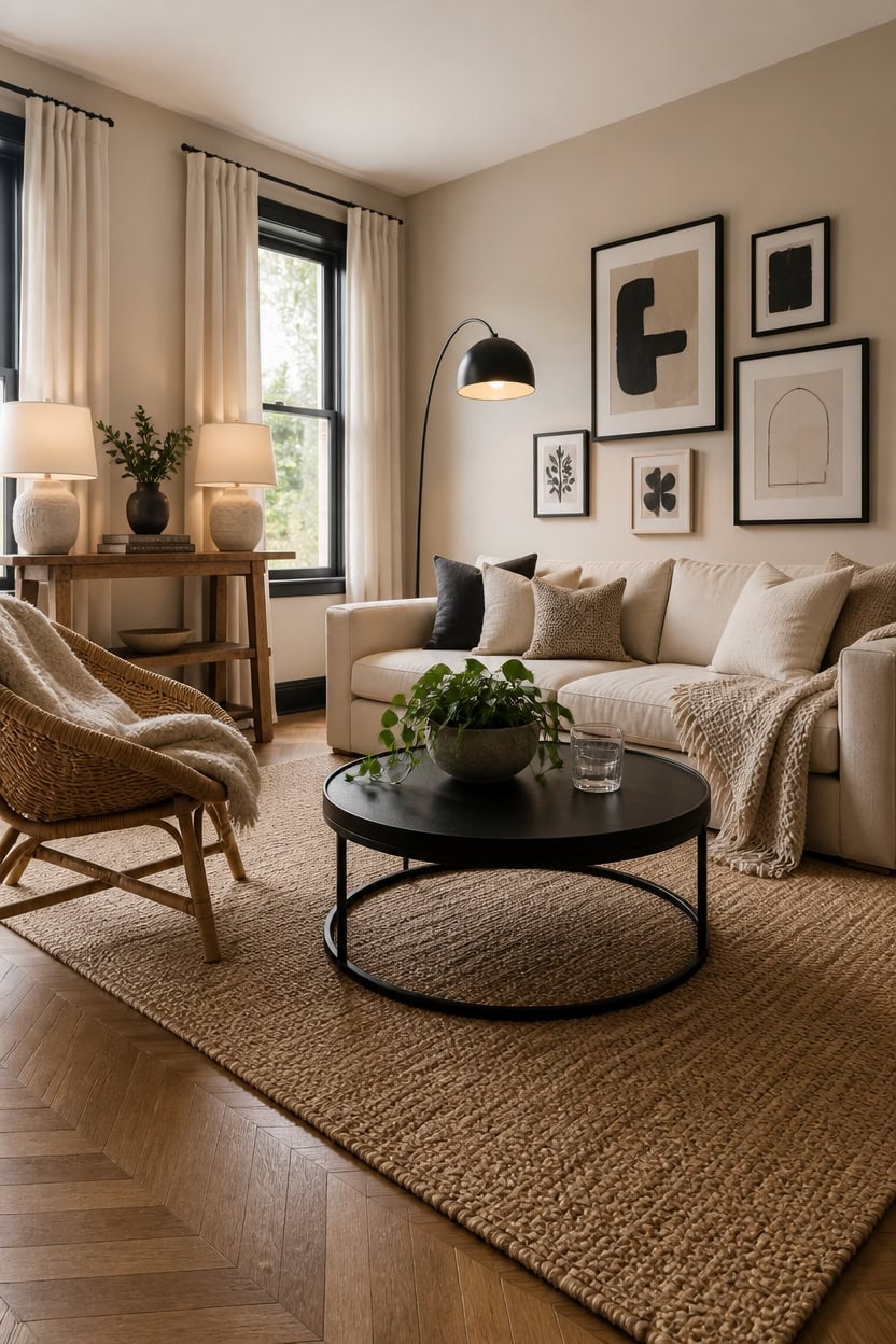 Bright and inviting living room with large windows, neutral decor, and stylish furniture. Perfect fo.