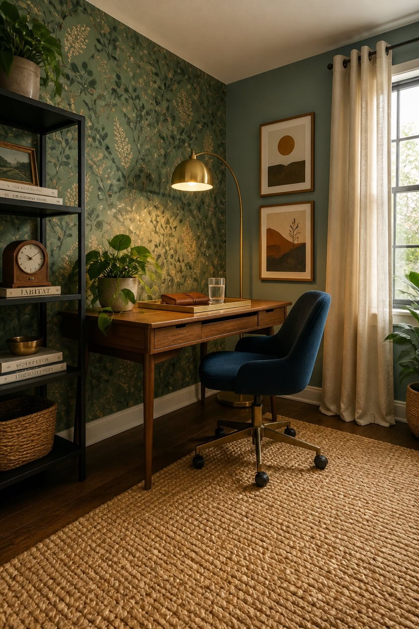 Bright home office with green accent wall, wooden desk, and comfortable blue chair.