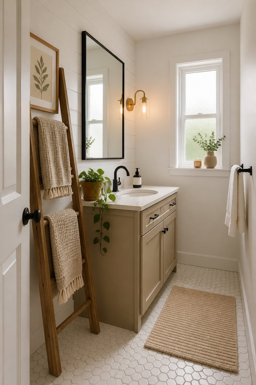 Bright bathroom featuring a beige vanity, black fixtures, and natural light from a window. Decor inc.