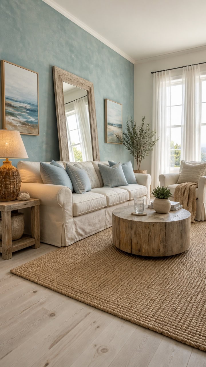 Bright and inviting living room featuring a white sofa, wooden accents, and ocean-themed artwork, perfect for relaxing in an.