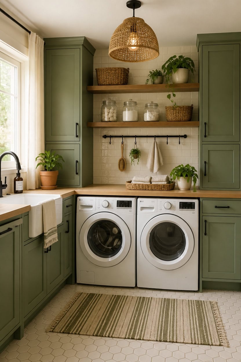 Bright laundry room with green cabinets, open shelves, and washer-dryer units.
