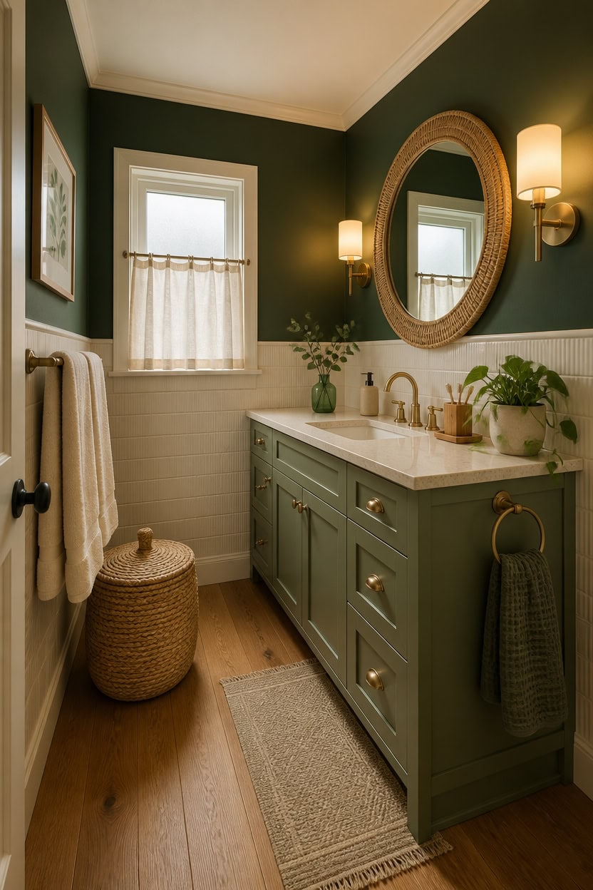 Bright bathroom with green vanity, round mirror, and natural light. Features plants, towels, and ele.