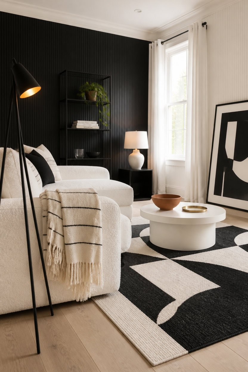 Cozy modern living room with black and white decor, featuring a white sofa, abstract artwork, and st.