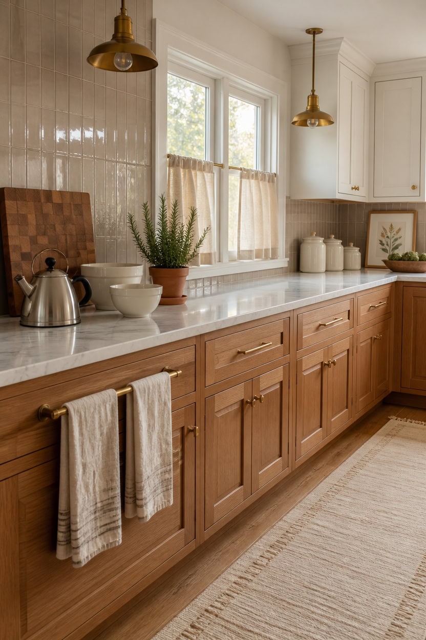 Bright kitchen with wooden cabinets and large window.