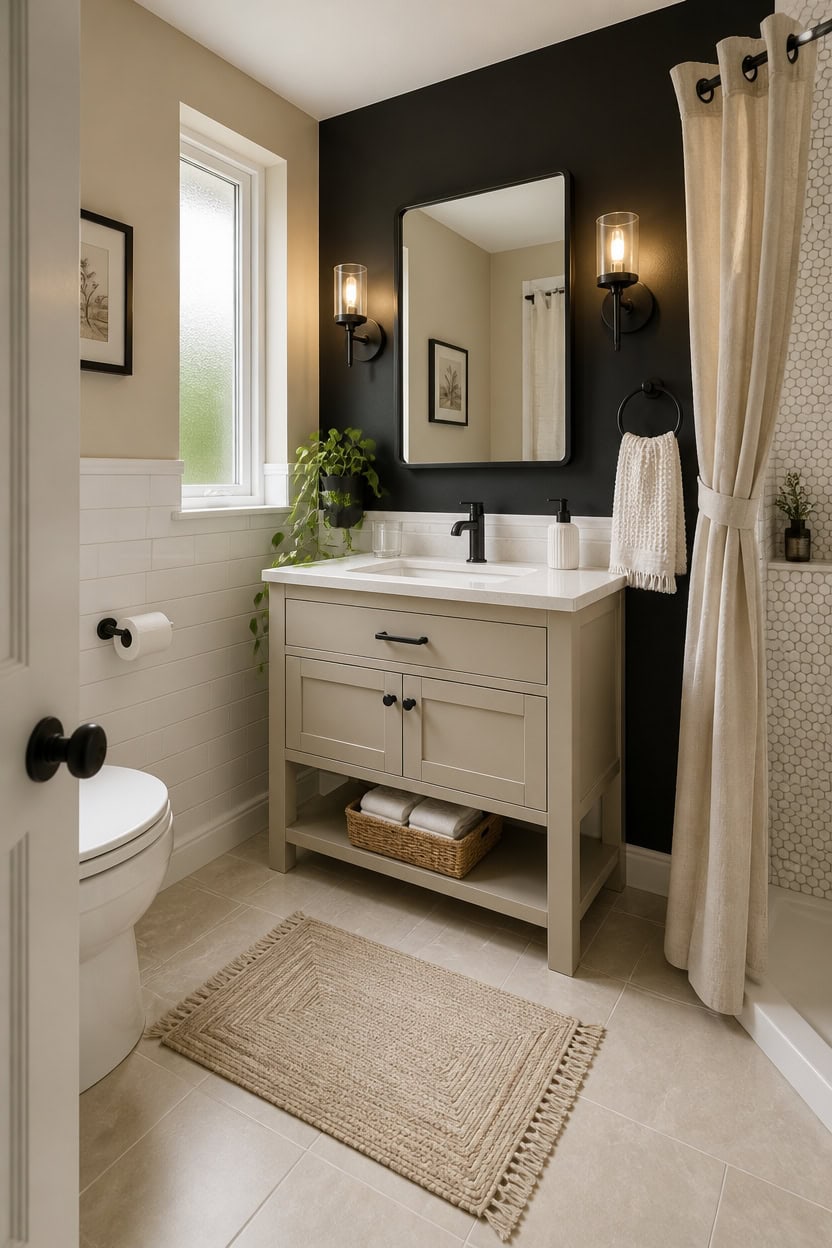 Stylish bathroom with white vanity, black accent wall, and natural light from window.