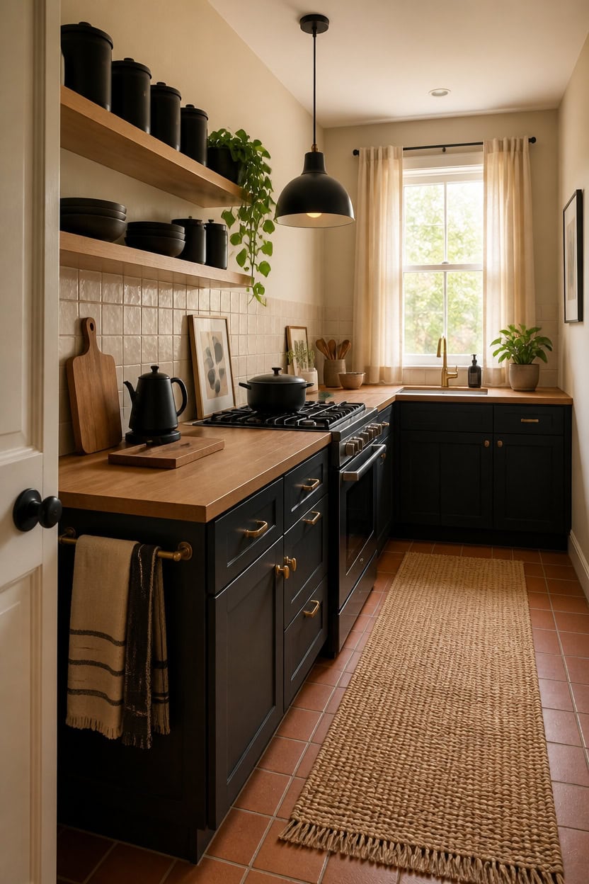Bright kitchen with black cabinetry, open wooden shelves, and natural light from a large window.