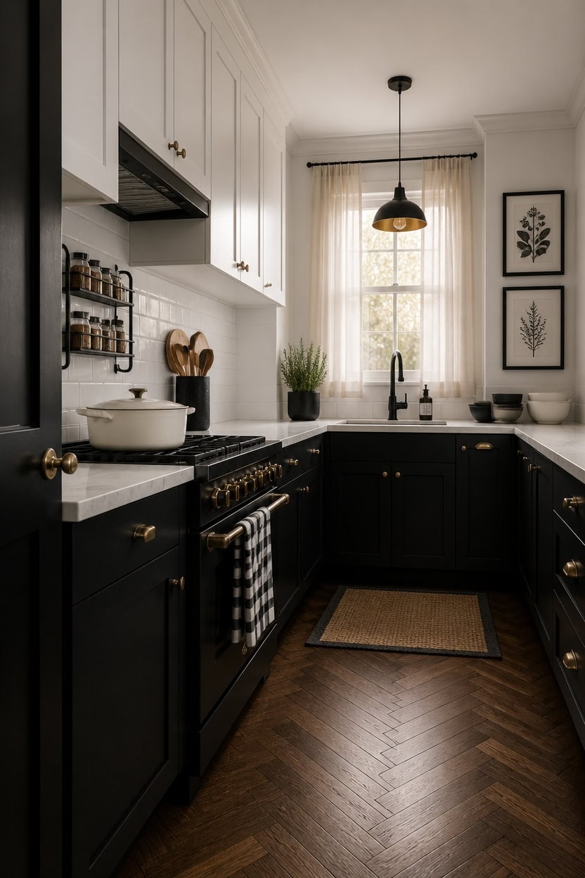 Modern kitchen with black cabinets, white countertops, and natural light from a large window.