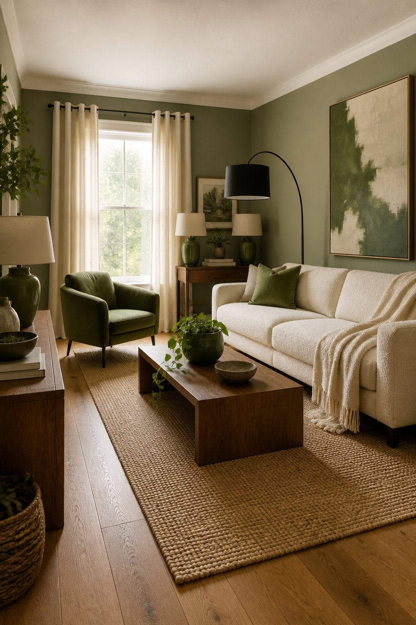 Bright and inviting living room featuring green accents, large window with curtains, and comfortable.