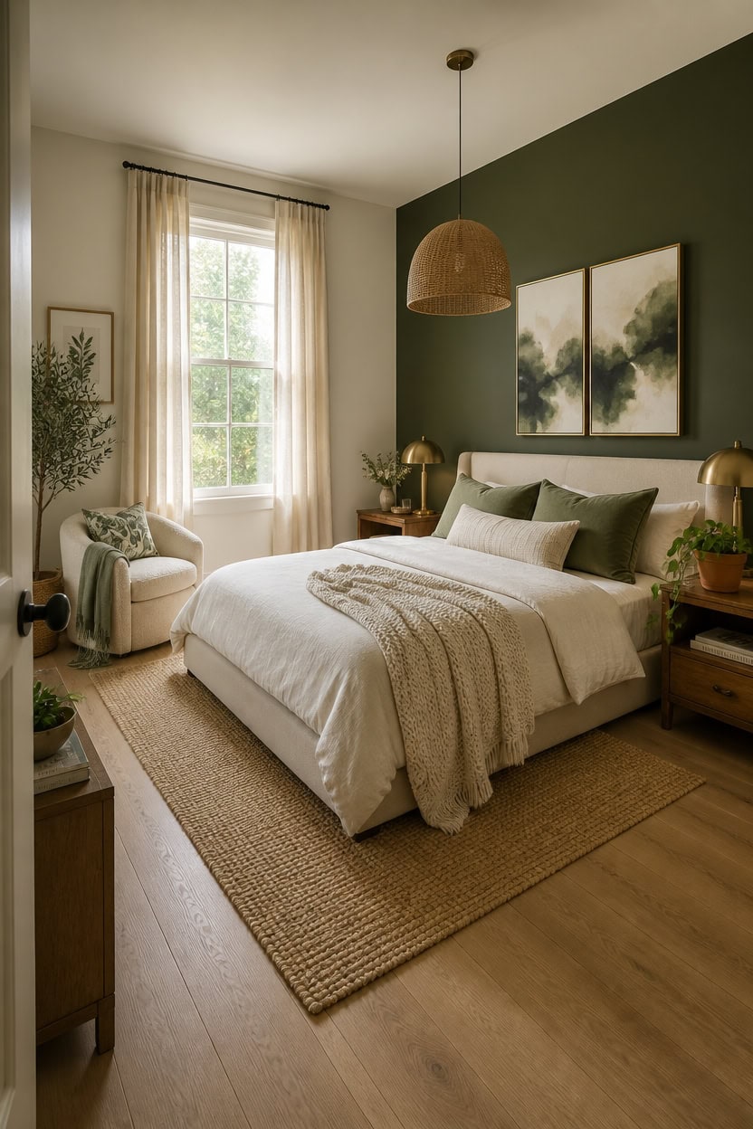 Bright and inviting bedroom with large window, neutral tones, and modern decor. Perfect for relaxing.
