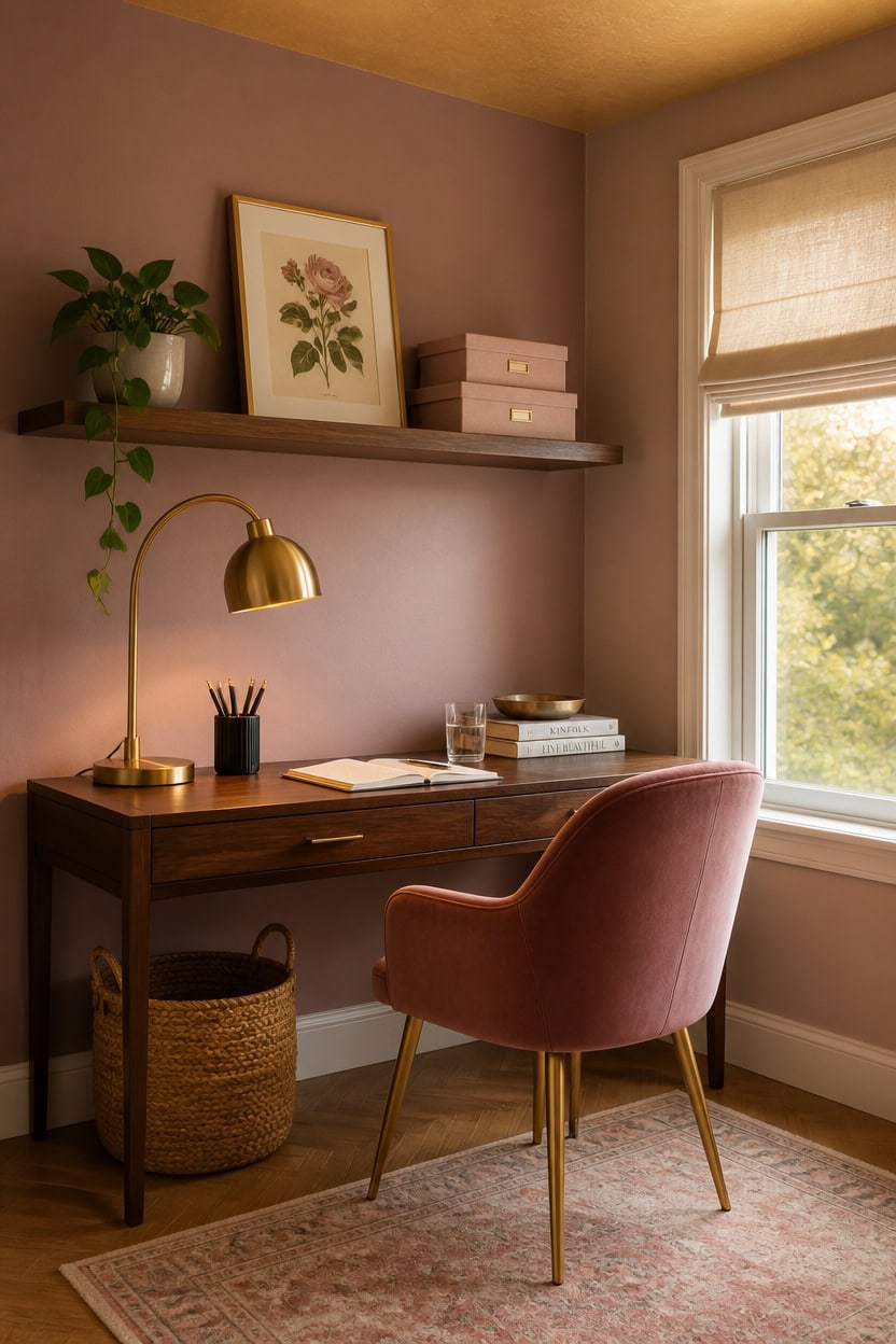 Bright home office with a wooden desk, pink chair, and large window letting in natural sunlight.