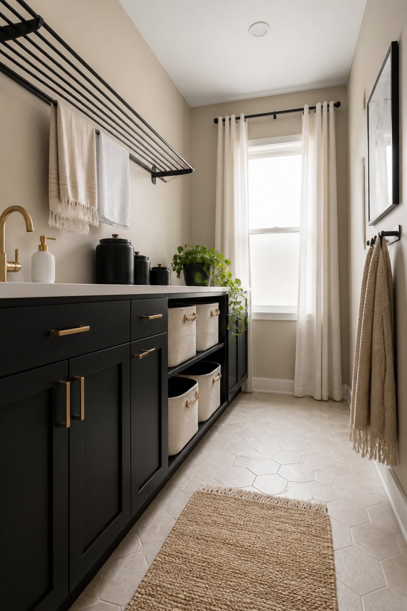 Laundry room with black cabinets, white walls, and a large window for bright natural light.