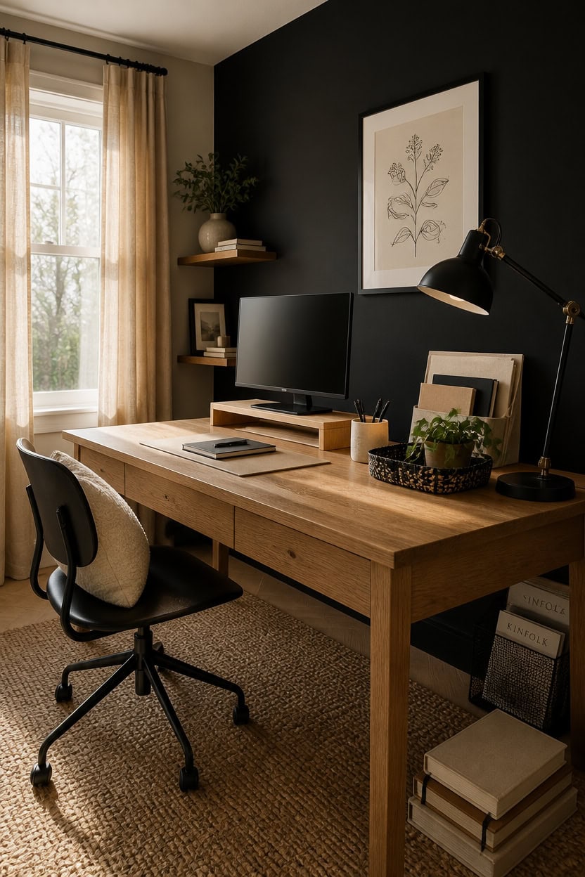 Home office workspace featuring a wooden desk, computer monitor, and stylish decor in a cozy room.