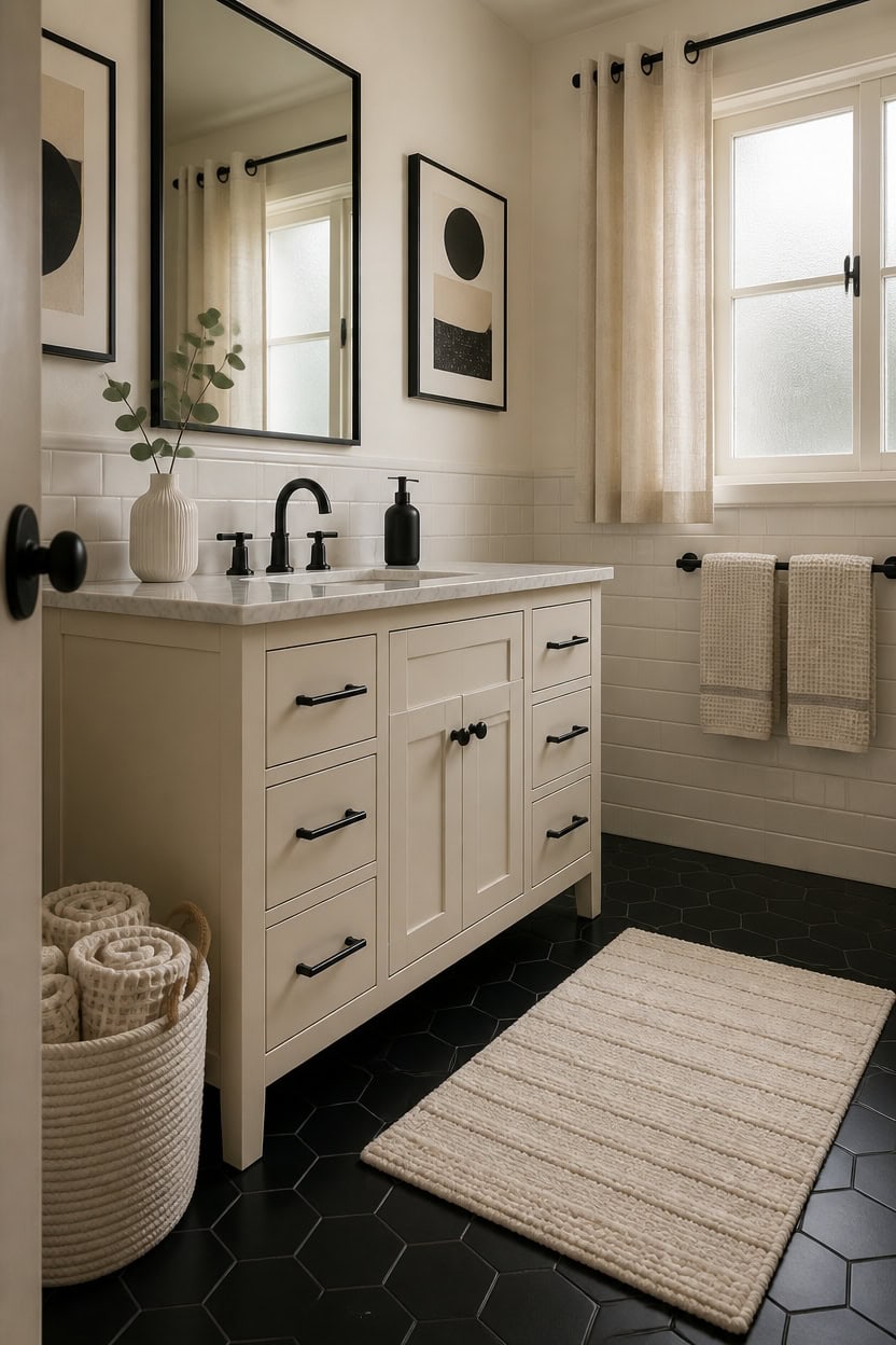 Bright bathroom with white vanity, black fixtures, and natural light from window.