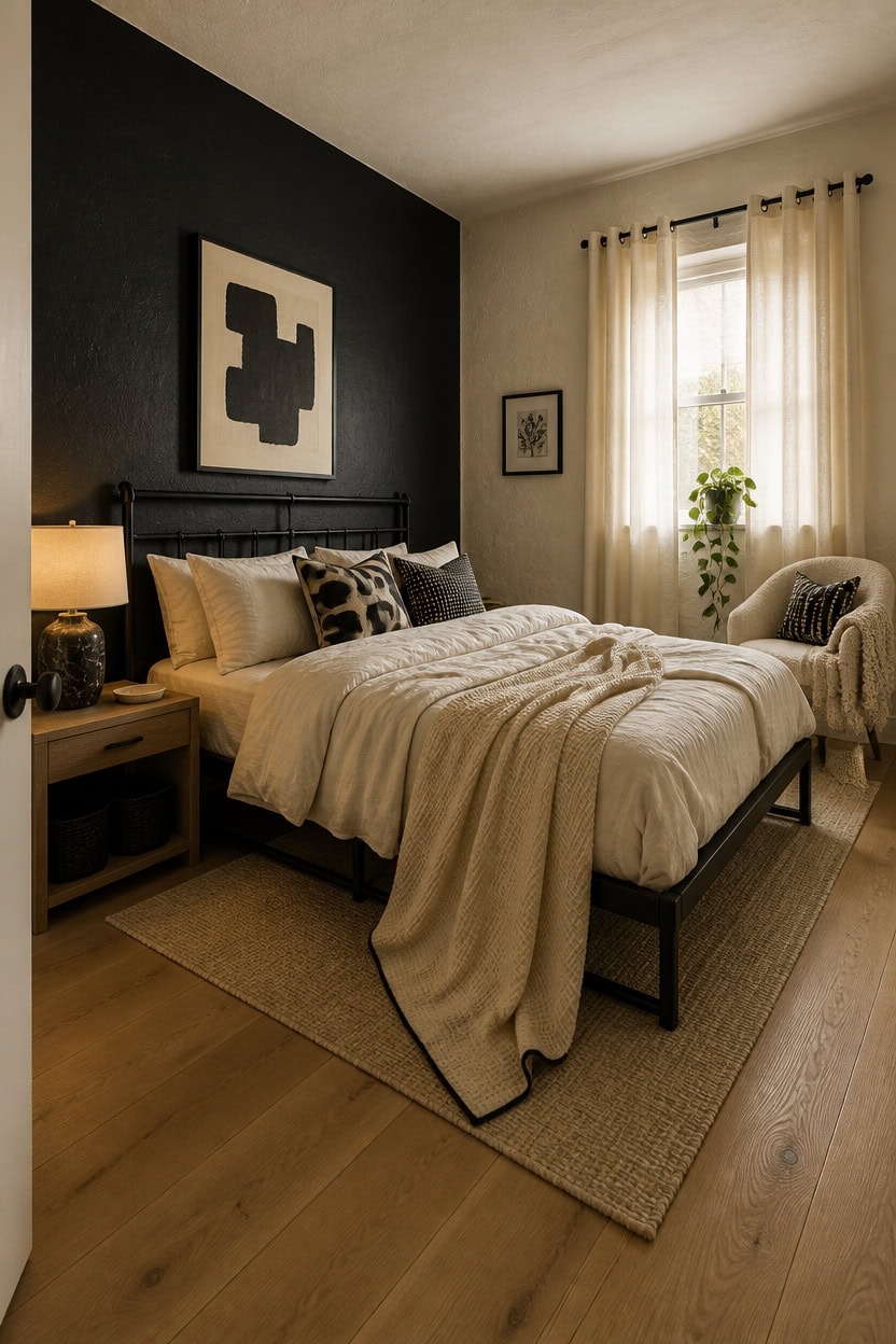 Comfortable bedroom with neutral tones, stylish artwork, and natural light.