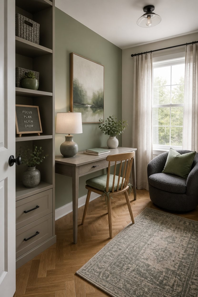 balanced gray and green workspace