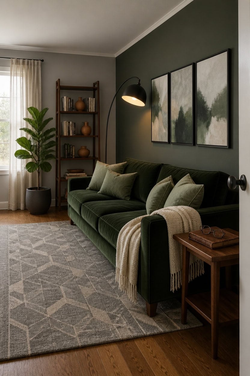 Brighten your space with a stylish green sofa and elegant wall art in a cozy living room setting.